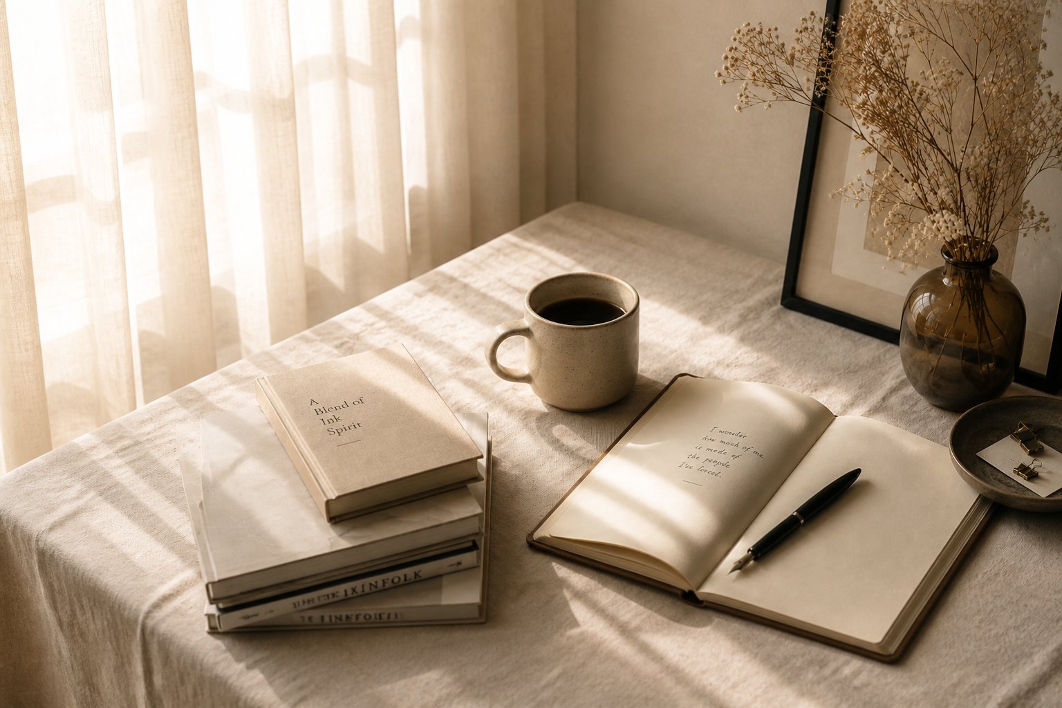 A poetry book, a mug of coffee and an open notebook on a linen table in soft morning light